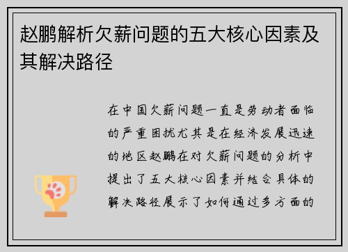 赵鹏解析欠薪问题的五大核心因素及其解决路径