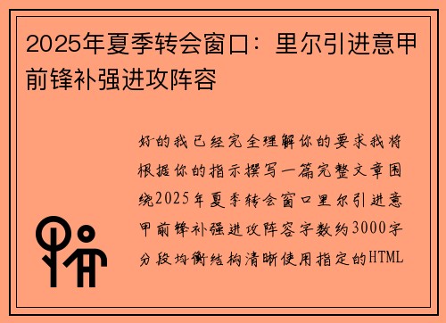 2025年夏季转会窗口：里尔引进意甲前锋补强进攻阵容